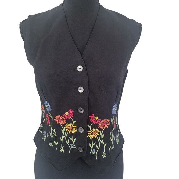 Vintage Esprit Black Floral Vest Linen Coquette Prairie SM Y2K Cottage Embroider - Picture 1 of 12